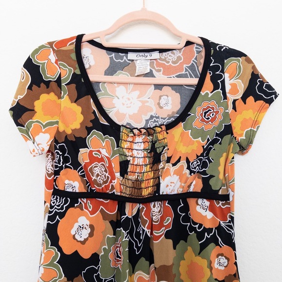 VTG Y2K Womens Babydoll Top Size M Petite Black Orange Floral Retro Indie Boho - Picture 2 of 7
